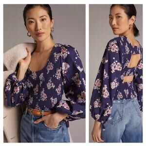 Anthropologie Smocked Peplum Top Puff Sleeves Blue Floral